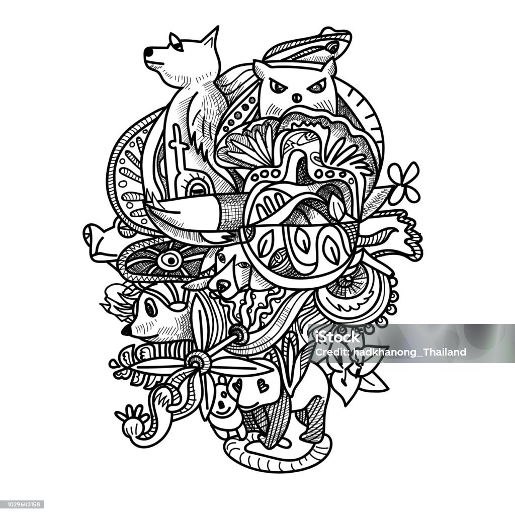 Drawing Doodle Of Animals Flower And Abstract Shape Stock Illustration -  Download Image Now - iStock