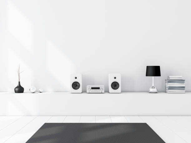 biała pusta makieta ściany z nowoczesnym systemem audio stereo i białymi głośnikami na biurze w nowoczesnym wnętrzu - modern home audio zdjęcia i obrazy z banku zdjęć