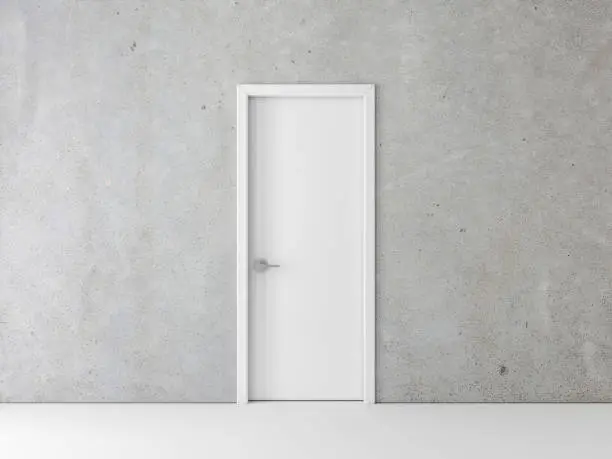 Closed White Door on concrete Wall, 3d rendering