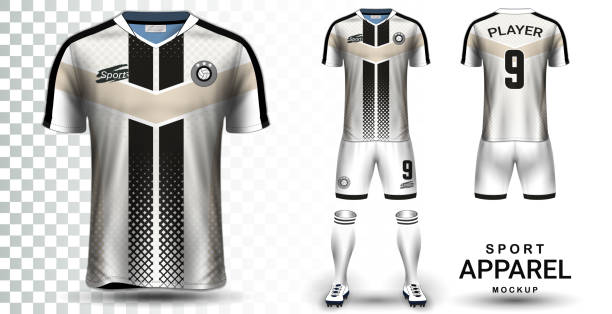 ilustraciones, imágenes clip art, dibujos animados e iconos de stock de jersey de fútbol y fútbol kit presentación maqueta plantilla, frente y detrás vista incluyendo ropa deportiva uniformes, pantalones cortos y calcetines y está totalmente aislado de personalización sobre fondo transparente. - sports uniform