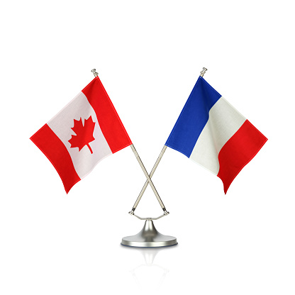 Large flag of France fixed on metal stick waving. Isolated over white background