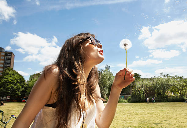 young woman blowing away the dandelion seeds - cheveux mi longs photos et images de collection