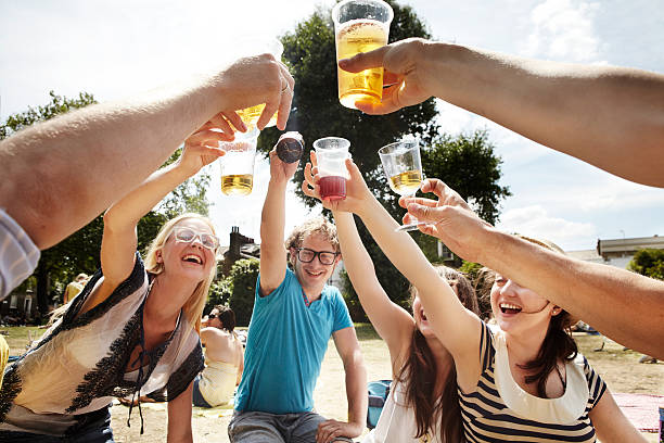 friends raising a toast in the park  - cider fotografías e imágenes de stock