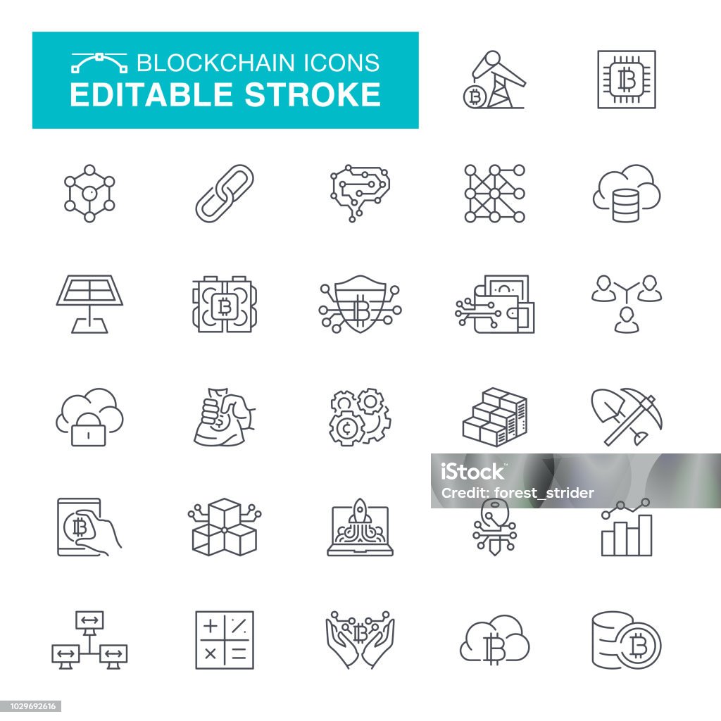 Blockchain Editable Stroke Icons Cryptocurrency and Blockchain, Bitcoin, Data, Mining, Cloud Computing Editable Stroke Icon Set Icon Symbol stock vector