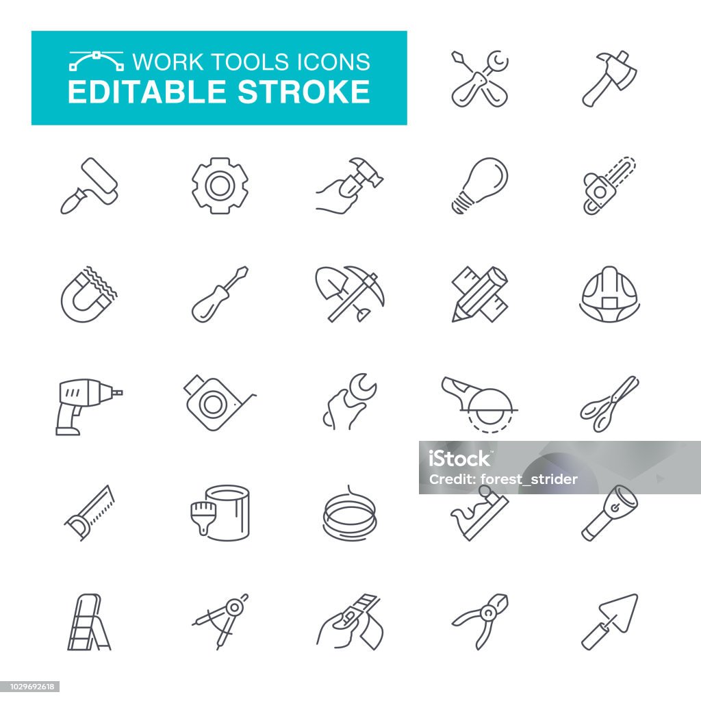 Work Tools Editable Stroke Icons Work Tool, Hammer, Paint, Instrument of Measurement, Equipment Construction Industry stock vector
