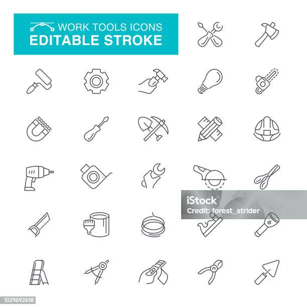 Work Tools Editable Stroke Icons Stock Illustration - Download Image Now - Construction Industry, Magnet, Repairing