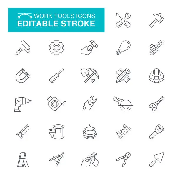 Vector illustration of Work Tools Editable Stroke Icons