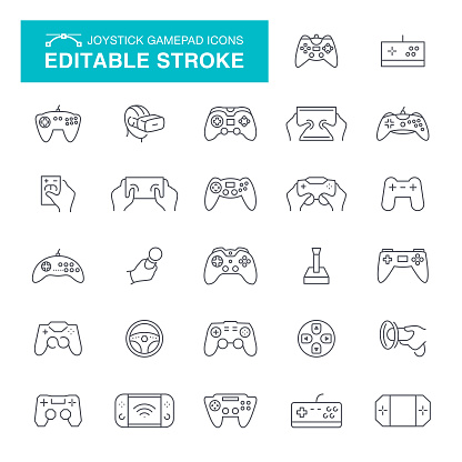 Joystick, Gamepad, Toy, Wheel, Computer, Virtual Reality, Editable Stroke Icon Set