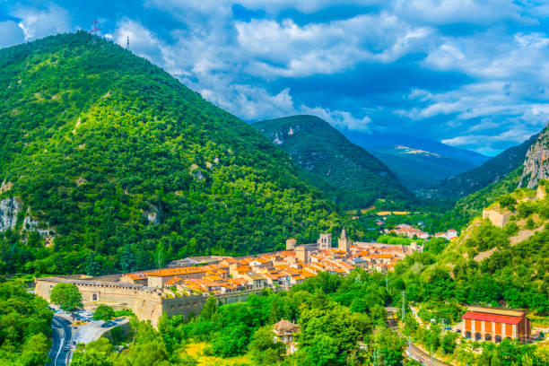 Aerial view of Villefranche de Conflent village in France Aerial view of Villefranche de Conflent village in France villefranche de conflent stock pictures, royalty-free photos & images