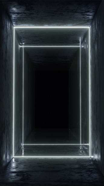 istock 3d render, glowing lines, tunnel, neon lights, virtual reality, abstract background, square portal, arch, pink blue spectrum vibrant colors, laser show 1029719088