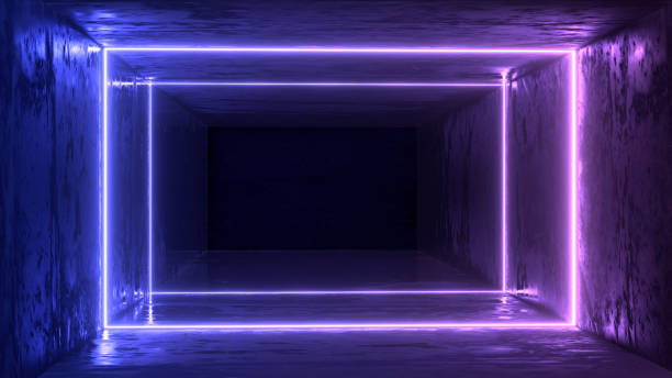 istock 3d render, glowing lines, tunnel, neon lights, virtual reality, abstract background, square portal, arch, pink blue spectrum vibrant colors, laser show 1029720180