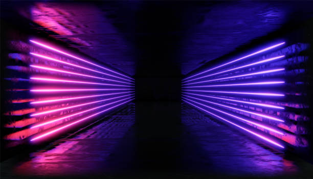 istock 3d render, glowing lines, tunnel, neon lights, virtual reality, abstract background, square portal, arch, pink blue spectrum vibrant colors, laser show 1029720416