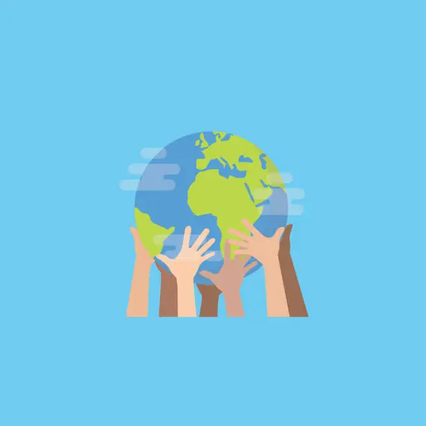 Vector illustration of Hands with earth, Multiethnic People's hands holding the globe, peace day