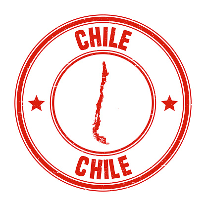 Map of Chile on a red rubber stamp in vintage style. The stamp is composed of the map in the middle with the names around, separated by stars. A grunge texture is added to create a vintage and realistic effect. Vector Illustration (EPS10, well layered and grouped). Easy to edit, manipulate, resize or colorize.