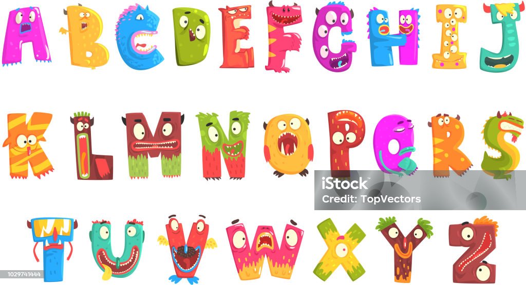 Colorful cartoon children English alphabet with funny monsters. Education and development of children detailed colorful Illustrations Colorful cartoon children English alphabet with funny monsters. Education and development of children detailed colorful Illustrations isolated on white background Animal stock vector