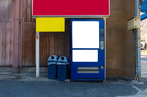 istock Empty white shelves of standard office vending machine 1029747408