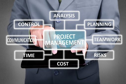 Business Concept. Businessman click project management button on his tablet. Project management strategy scheme diagram. Text typography design