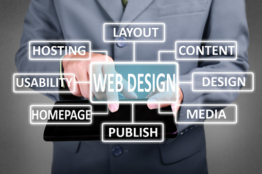 Internet business concept. Businessman click web design button on his tablet. Web development strategy scheme diagram. Text typography design