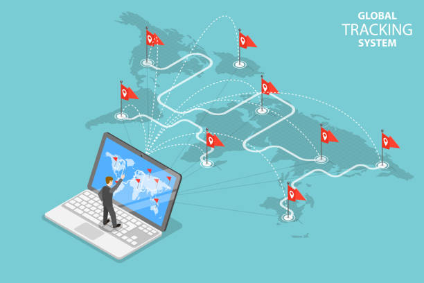 illustrazioni stock, clip art, cartoni animati e icone di tendenza di concetto di vettore piatto isometrico del sistema di tracciamento globale. - surveillance world map globe planet