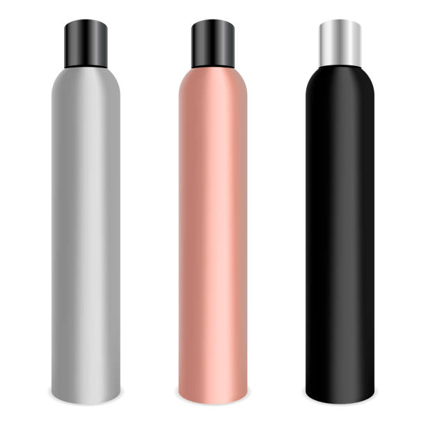 istock Hair lacquer cosmetics bottle set. Metal bottles mockup with black and silver caps.3d realistic vector illustration. 1029765648