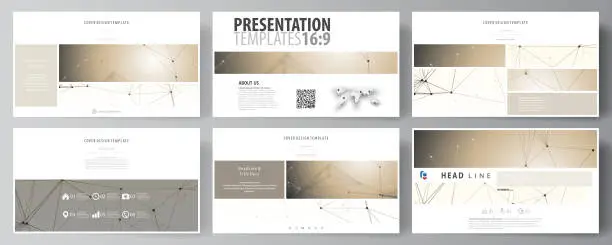Vector illustration of Business templates in HD format for presentation slides. Abstract vector layouts in flat design. Technology, science, medical concept. Golden dots and lines, cybernetic digital style. Lines plexus