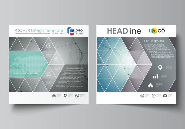 business-vorlagen für square design magazin, broschüre, flyer, bericht. merkblatt abdeckung, vektor-layout. geometrischen hintergrund, angeschlossene leitung und punkten. molekulare struktur. wissenschaftlichen, medizinischen konzept - 16747 stock-grafiken, -clipart, -cartoons und -symbole