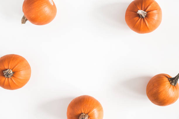 istock Autumn composition. Pumpkins on white background. Autumn, fall, halloween concept. Flat lay, top view, copy space 1029768298