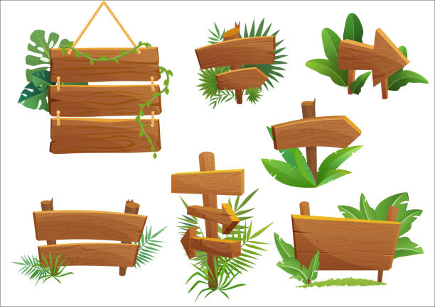 ilustraciones, imágenes clip art, dibujos animados e iconos de stock de selva selva muestra de madera con hojas tropicales con espacio para texto. ilustración de dibujos animados vector juego. - jungle