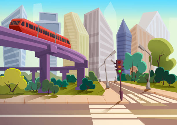 illustrazioni stock, clip art, cartoni animati e icone di tendenza di vector cartoon panorama moderno della città con grattacieli di vetro e sfondo del paesaggio urbano della metropolitana di alta strada. - singapore street business sky