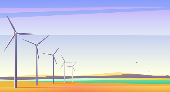 Vector illustration with rotation windmills for alternative energy resource in spacious field with blue sky