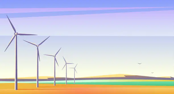 Vector illustration of Vector illustration with rotation windmills for alternative energy resource in spacious field with blue sky.