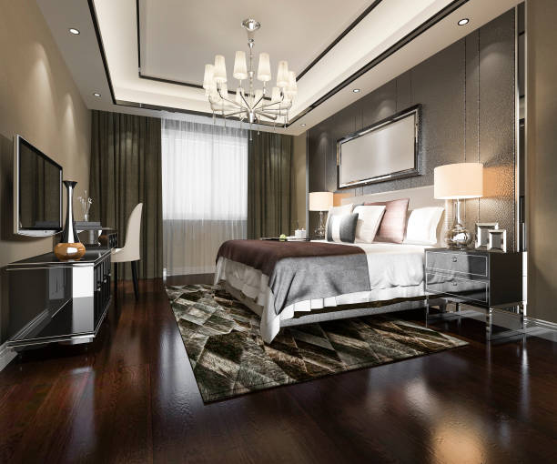 istock 3d rendering beautiful luxury bedroom suite in hotel with tv 1029774054
