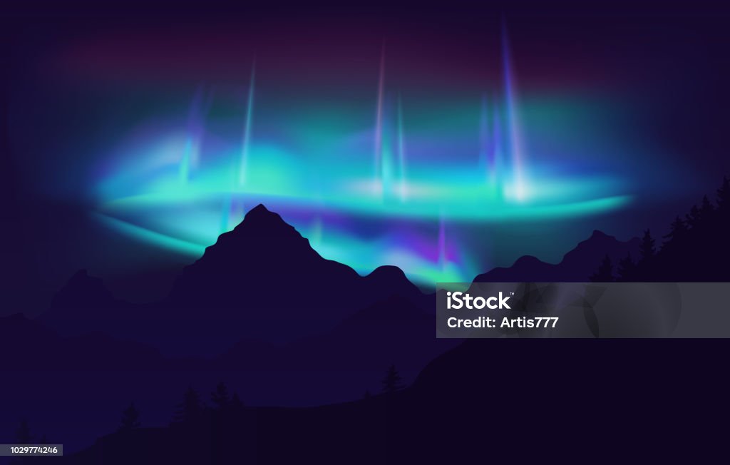 Hermosa Aurora Boreal boreal en el cielo nocturno sobre la montaña. Ilustración de vector. - arte vectorial de Aurora boreal libre de derechos