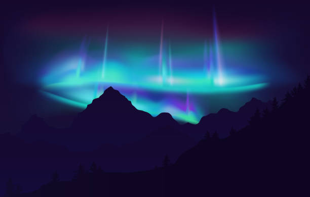 illustrazioni stock, clip art, cartoni animati e icone di tendenza di bella aurora boreale aurora boreale nel cielo notturno sopra la montagna. illustrazione vettoriale. - islande