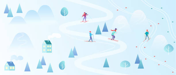 Ski Resort with Skiers. Mountain skiing map style background. Winter village houses resort with people. Vector gradient color vector illustration. Ski Resort with Skiers. Mountain skiing map style background. Winter village houses resort with people. Vector gradient color vector illustration yeti cartoons stock illustrations