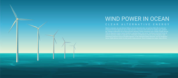 illustrazioni stock, clip art, cartoni animati e icone di tendenza di intestazione poster concetto energia eolica vettoriale con turbine eoliche nell'oceano. - energia eolica