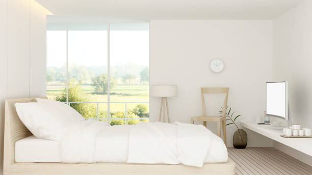 istock The interior minimal hotel bedroom 3d rendering and nature view background 1029777102