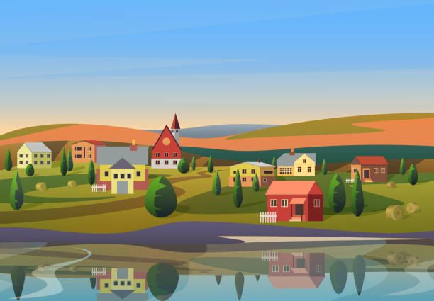 Vector Small town landscape with houses on shore of river with hills under blue morning sunsrise sky on background. Vector of small town with houses on shore of river with hills under blue sky on background idyllic countryside stock illustrations