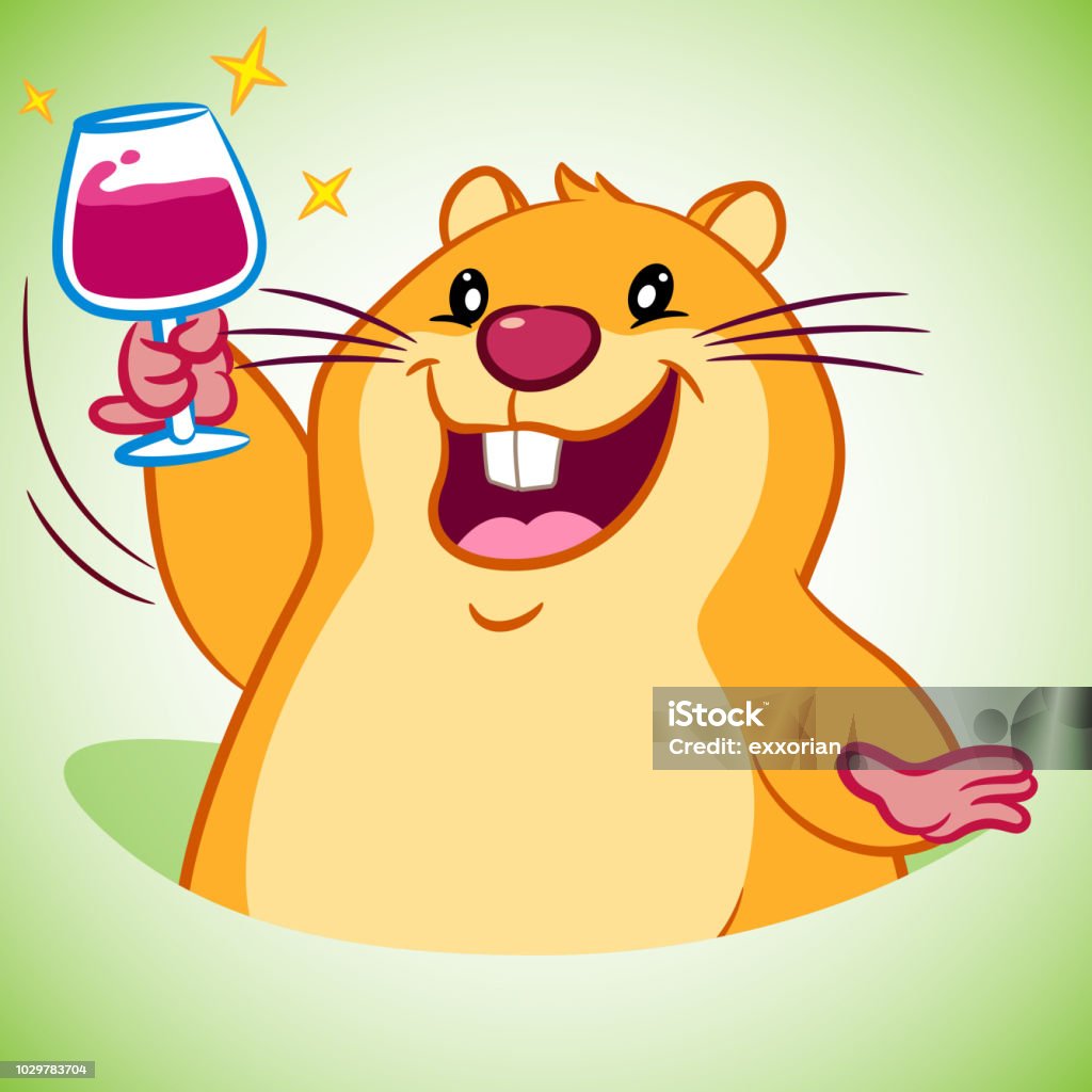 Congratulate Groundhog Cartoon Character Cartoon groundhog make a toast with a wine. Arms Raised stock vector