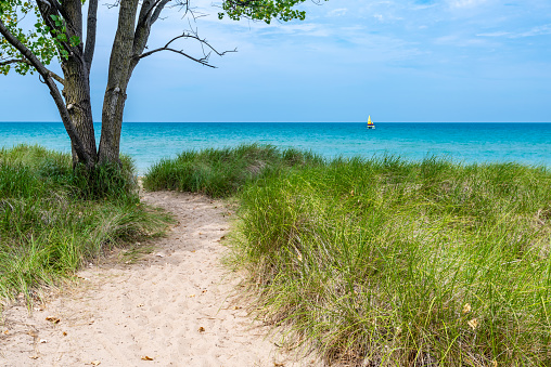 View over dunes of Lake Michigan with a sailboat from the North Shore of Illinois.