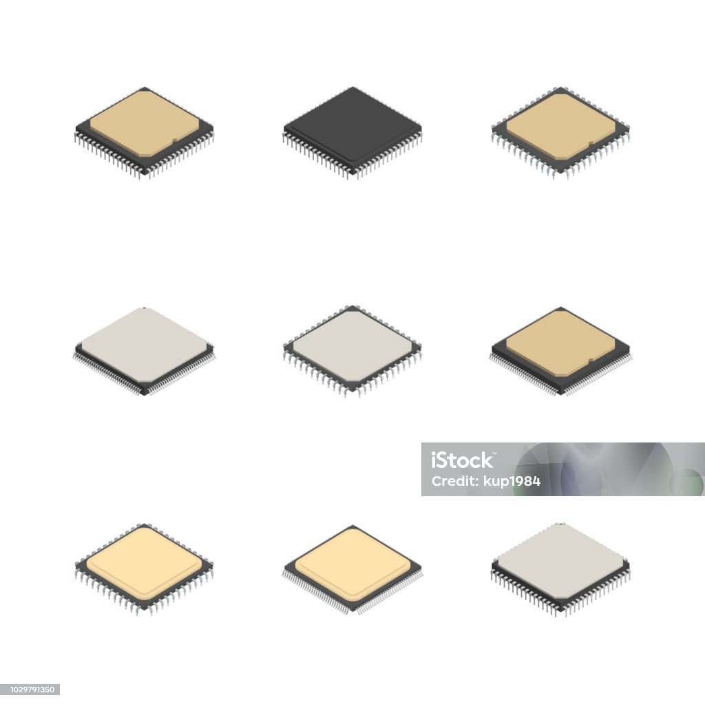 Set of different processors in 3D, vector illustration. Set of processors of different shapes isolated on white background. Elements design of electronic components. Flat 3D isometric style, vector illustration. CPU stock vector