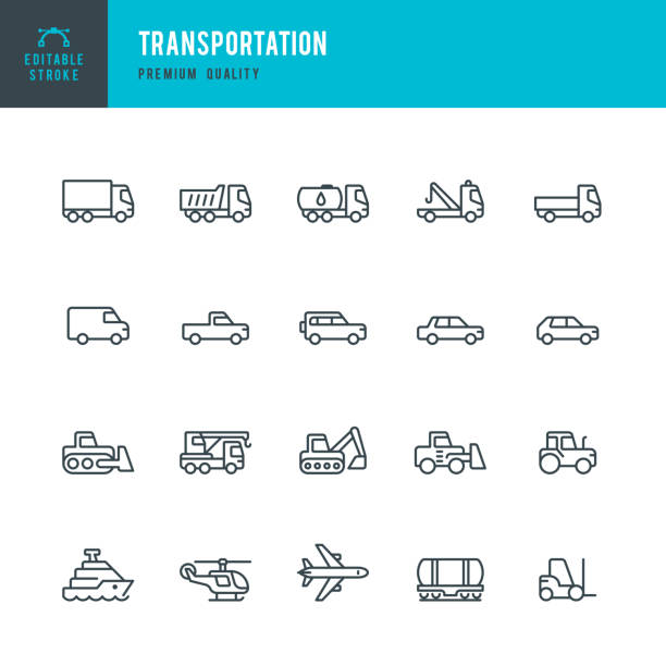 ilustraciones, imágenes clip art, dibujos animados e iconos de stock de transporte - conjunto de iconos de vector de línea - transporte