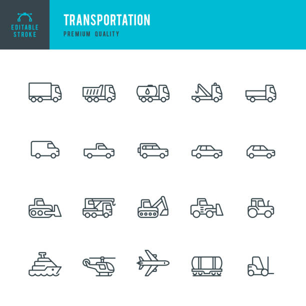 transport - zestaw ikon wektora liniowego - wózek widłowy lądowy pojazd użytkowy stock illustrations