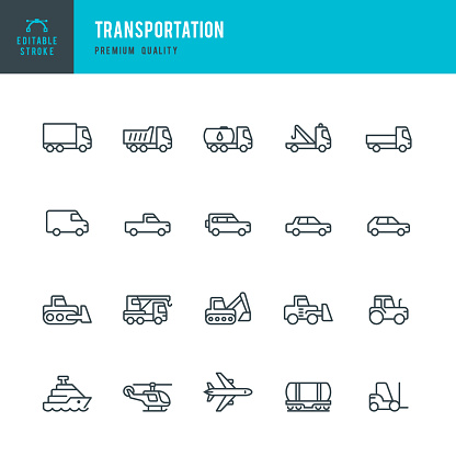 Set of Transports and Construction Machinery thin line vector icons.