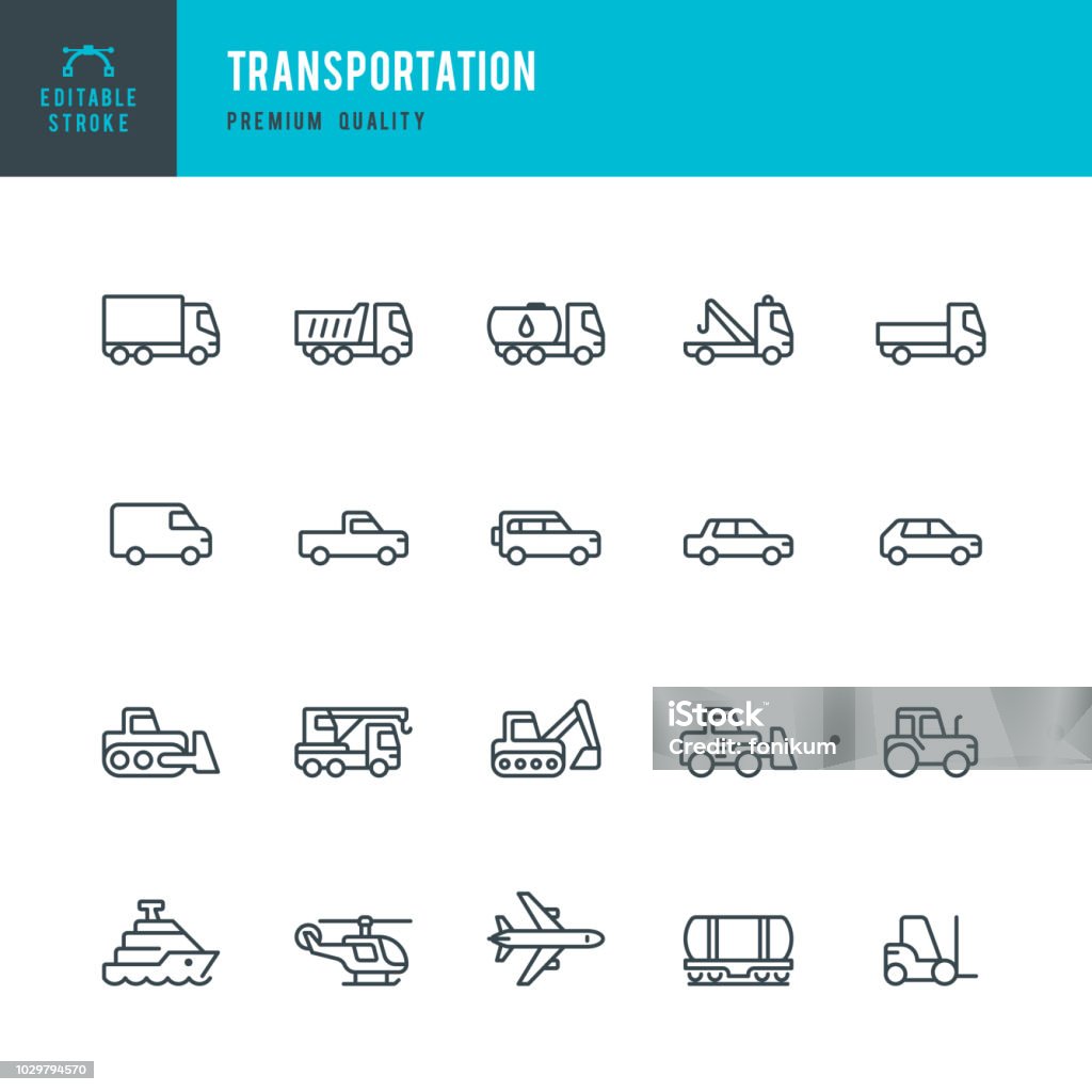 Transportation - set of line vector icons Set of Transports and Construction Machinery thin line vector icons. Icon Symbol stock vector