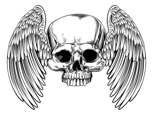 Vector illustration of Winged Skull Vintage Retro Woodcut Style