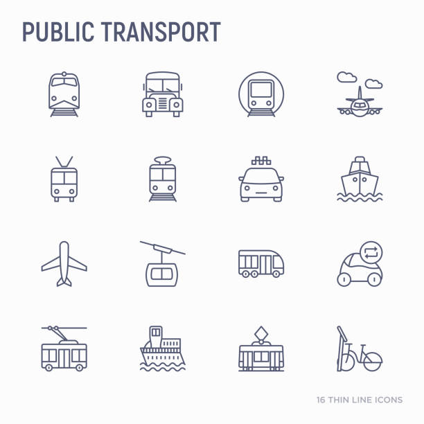 細い線アイコンを設定する公共交通機関: 鉄道、バス、タクシー、船、フェリー、トロリーバス、トラム、カーシェア リングします。正面と側面のビュー。モダンなベクター イラストです。 - public transportation cable car ferry bicycle点のイラスト素材／クリップアート素材／マンガ素材／アイコン素材