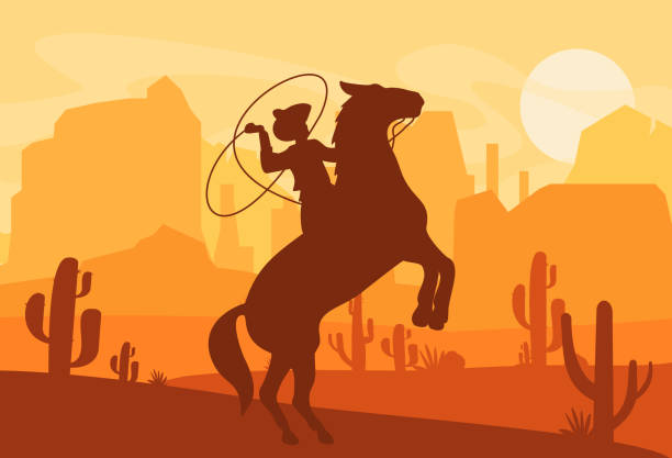 ilustrações de stock, clip art, desenhos animados e ícones de vector illustration of silhouette of cowboy catching wild horse at sunset with beautiful wild west texas desert on background in flat style. - cowboy hat hat wild west black