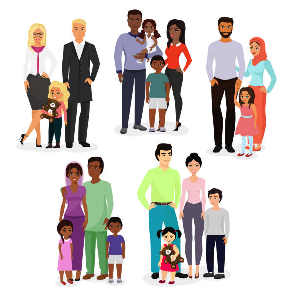 Vector illustration set of different nationals couples and families. People of different races, nationalities white, black and asian , ages, with baby, boy, girl happy and smiley on white background. Vector illustration set of different nationals couples and families. People of different races, nationalities white, black and asian , ages, with baby, boy, girl happy and smiley on white background diverse family stock illustrations