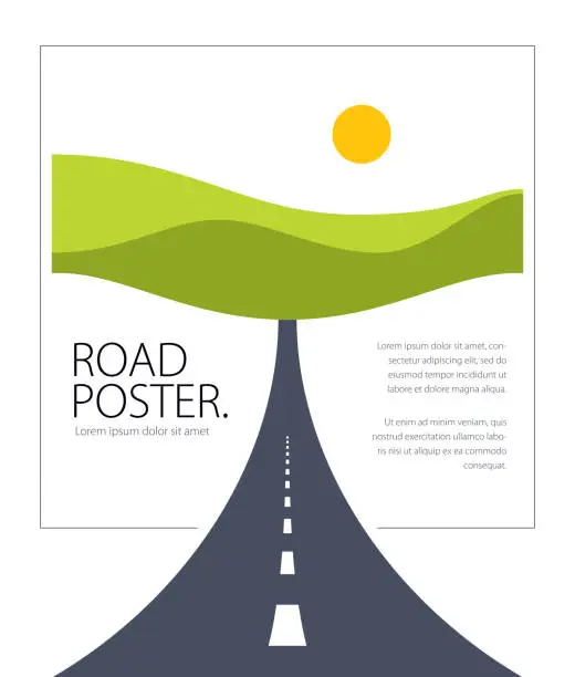 Vector illustration of Country road highway vector perfect design illustration. The way to nature, hills and fields camping and travel theme. Can be used as a road banner or billboard with copy space for text.